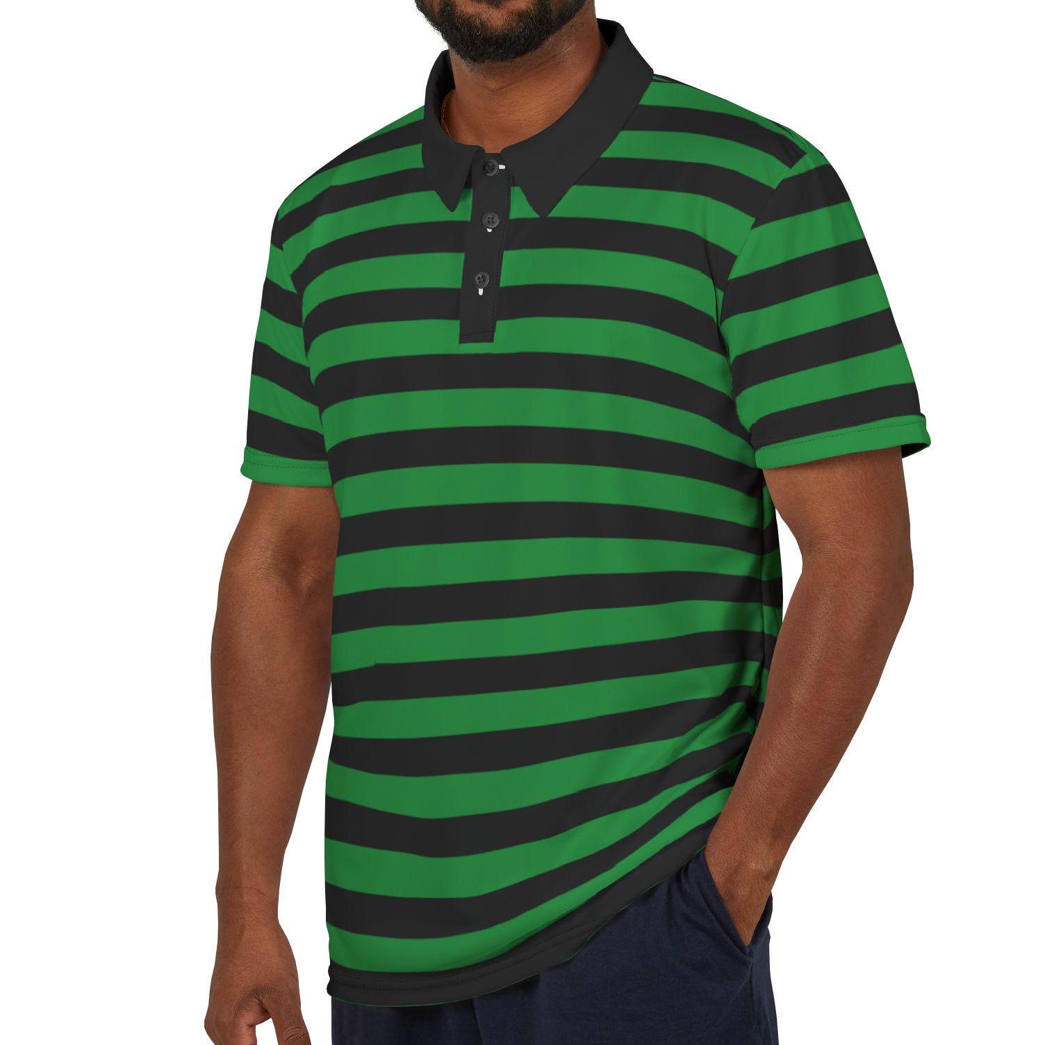   緑と黒ストライプポロシャツ、新品タグ付き！ グリーン＆ブラックストライプポロシャツ：ユニセックスチームカラー