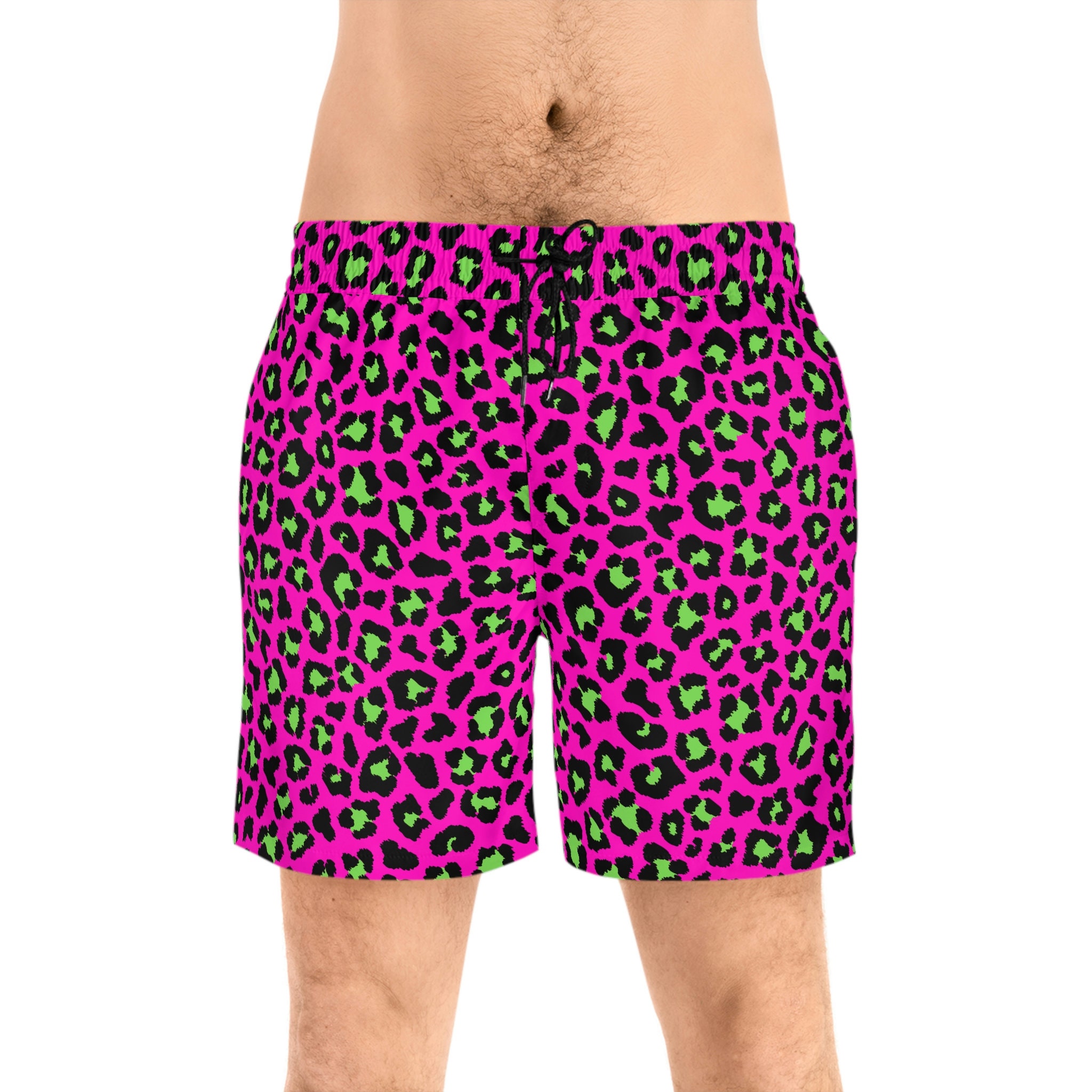 Pink & Green Leopard Animal Print Men's Mid-Length Swim Trunks Shorts