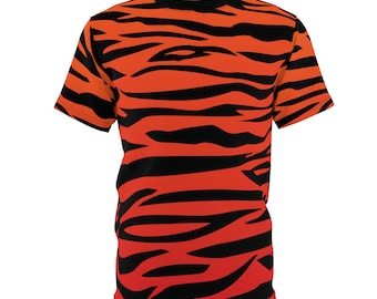 Orange Striped T-Shirt Orange Red & Black T-Shirt Bengal Tiger Shirt Orange Animal Print Unisex Short Sleeve AOP Tiger Print T-Shirt