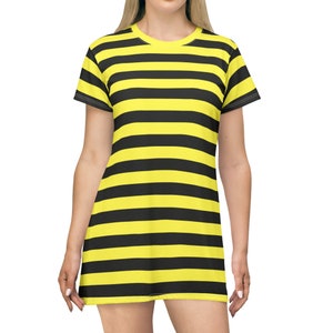 Yellow & Black Striped Dress Bee Striped Dress Women&#39;s Yellow Short Sleeve T-Shirt Dress Yellow Team Colors Dress Skater Punk Girl Dress