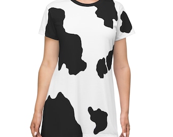 Cow Print T-Shirt Dress: Women's Black & White Loungewear