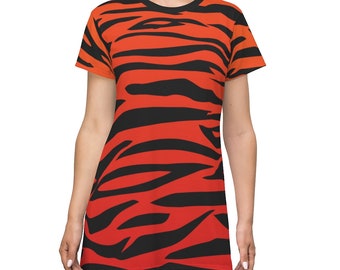 Vestido playero de rayas de tigre naranja para mujer, manga corta, AOP para hombre