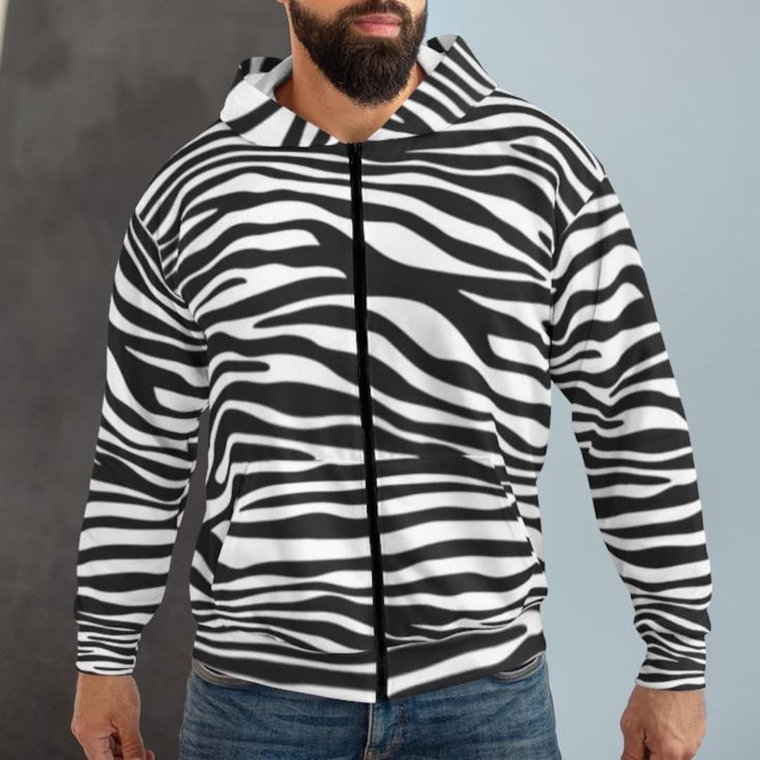 Zebra Print Zip Hoodie: Black & White Animal Striped Jacket - Etsy
