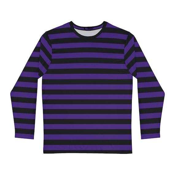 紫と黒のストライプ柄長袖Tシャツ：ゴシック・エモ・パンクスタイル