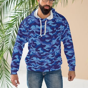 Blue Camo Pullover Hoodie: Long Sleeve Polyester Camouflage