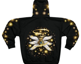 Biblical Angel Zip Hoodie: Black & Gold Religious Jacket