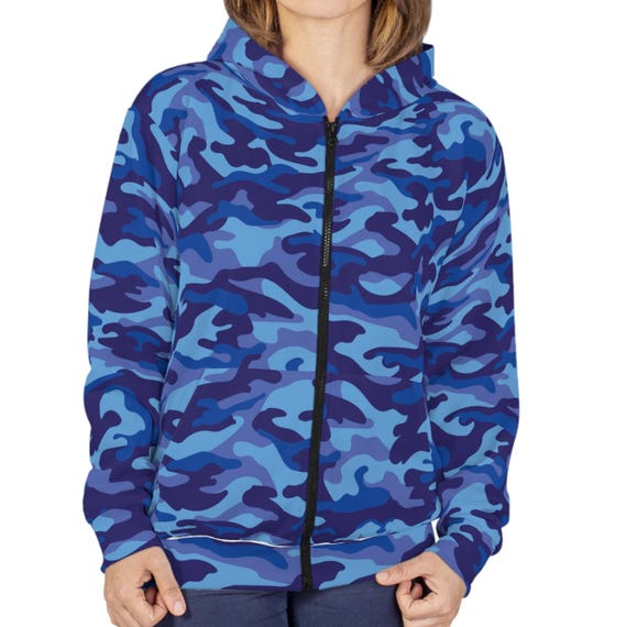 Blue Camo Zip Hoodie Camouflage Blue Jacket Men s Camo Print Women s Blue Camo Long Sleeve Blue Zip Hoodie Blue Jacket Blue Camo Clothing