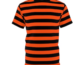 Oranje-zwart gestreept T-shirt: teamkleuren gotische punkrockerstijl