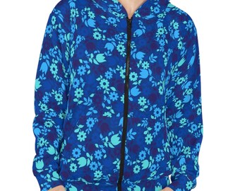 Blue Floral Zip Hoodie: AOP Flower Pattern Jacket