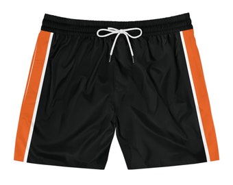 Gestreifte Badehose, seitliche Streifen-Badeshorts, orange und schwarze Badehose, Herren-Badehose, individuelle Badehose, Geschenk für ihn