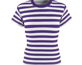 パープル＆ホワイトストライプのレディースTシャツ：レトロなチームカラーの半袖トップス