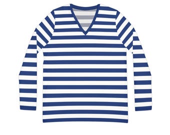 Damesshirt met lange mouwen en V-hals (AOP) blauwe en witte strepen teamkleuren