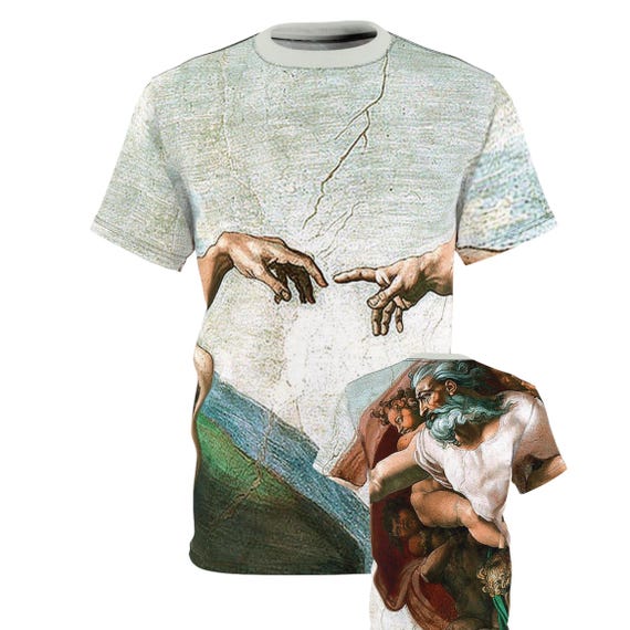 【アートTシャツ 】ミケランジェロ アダムの創造 アダムの創造Tシャツ：ミケランジェロのシスティーナ礼拝堂の絵画