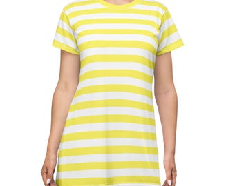 Yellow Striped Dress Retro Style Spring Colors T-Shirt Dress