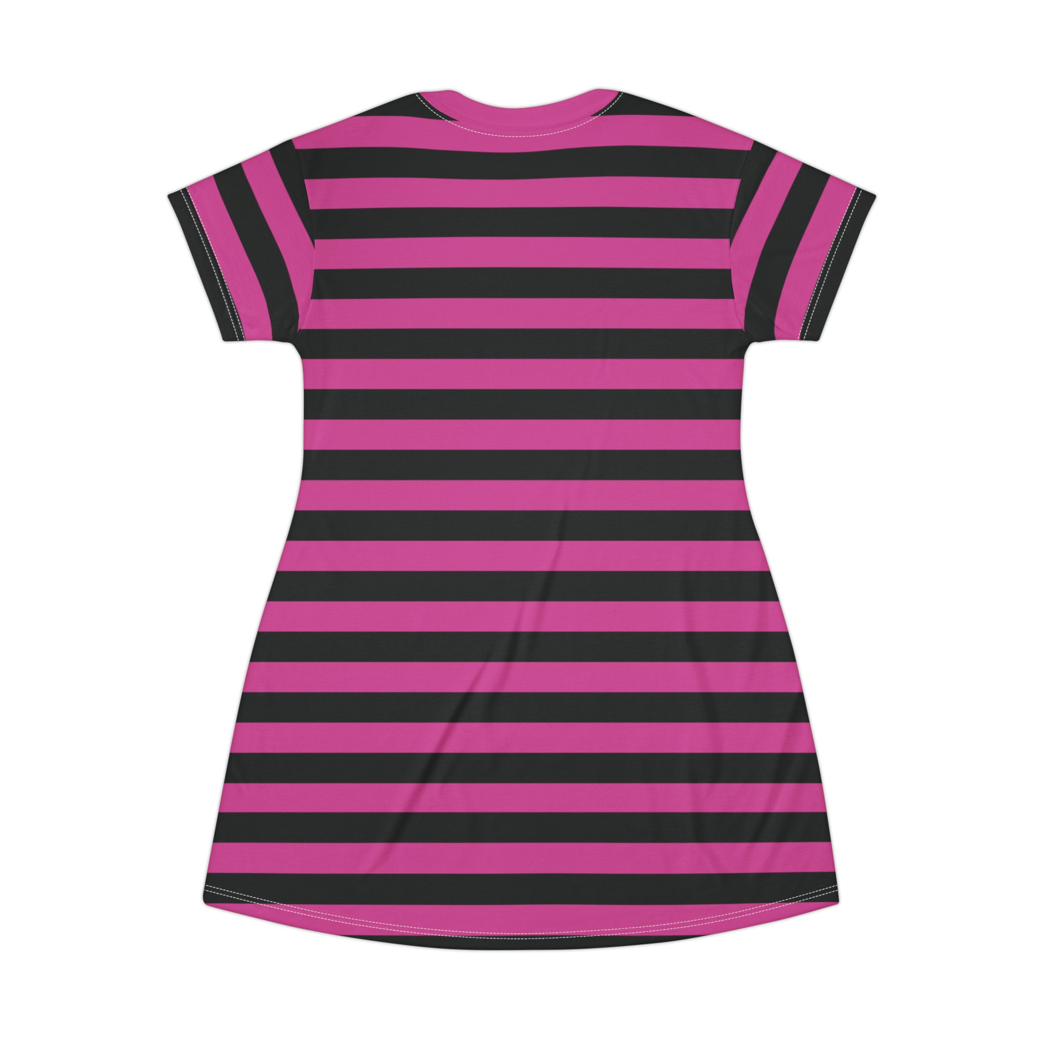 Pink & Black Striped T-Shirt Dress, Women's Short Sleeve Skater Style Pink & Black Striped T-Shirt Dress, Women's Short Sleeve Skater Style