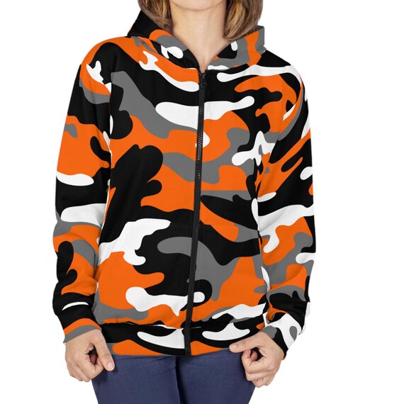 Orange Camo Zip Hoodie: Unisex Retro Style Camouflage Jacket