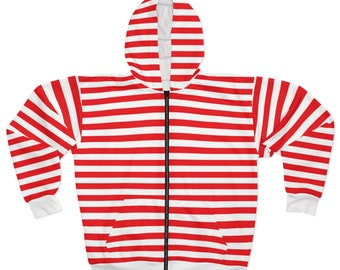Red & White Striped Zip Hoodie Red Striped Jacket Holiday Hoodie Christmas Zip Hoodie Valentine's Day Jacket Gift Idea