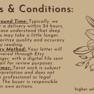 May include: Terms and conditions for a higher self letter reading service. The text describes the turnaround time, delivery method, and a disclaimer about the nature of tarot readings.