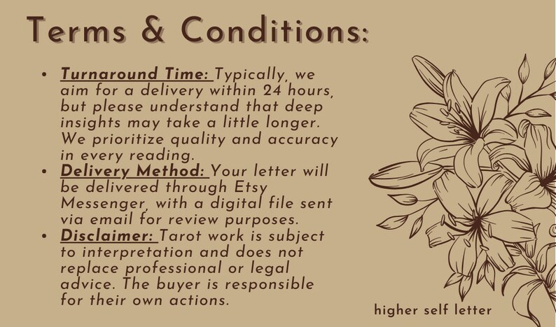 May include: Terms and conditions for a higher self letter reading service. The text describes the turnaround time, delivery method, and a disclaimer about the nature of tarot readings.