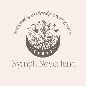 May include: A black and white logo with the text "certified spiritual practitioners" in a circle around a crescent moon with flowers and stars. The text "Nymph Neverland" is below the logo.
