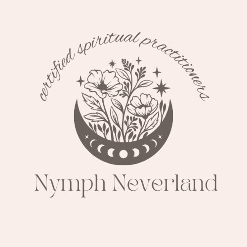 May include: A black and white logo with the text "certified spiritual practitioners" in a circle around a crescent moon with flowers and stars. The text "Nymph Neverland" is below the logo.