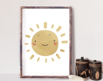 Niedliche gelbe Sonne Digitaldruck für Kinderzimmer Dekor, druckbare Sonne Kinderzimmer Wandkunst, Baby-Dusche-Geschenk, Kleinkind Spielzimmer, Aquarell Sonne