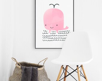 Pink Wal druckbare Wandkunst, Wal-Kinderzimmer-Druck, digitale Datei zum ausdrucken, Boho rosa Kinderzimmer-Druck, Kleinkind Wanddekoration Aquarell Ozean Dekor