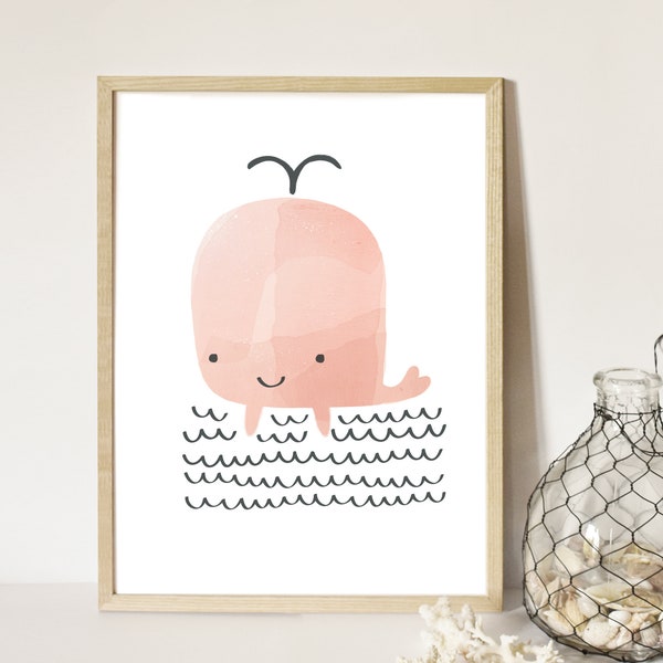 Pink whale printable wall art, Boho Whale nursery digital file, ocean life nursery decor, Nursery Wall Art, Hot Pink Watercolour decor