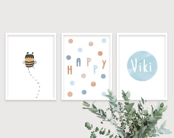 Bee Kinderzimmer Wandkunst, benutzerdefinierte Kinderzimmer Namen Druck, 3 Stück Wandkunst, Newborn Dekor, Biene druckbares Poster, Baby Geburtstagsgeschenk, Aquarell Druck