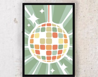 DiscoKugel Deko, Dänische Pastell Preppy Zimmer Deko, Smaragdgrün Retro Wandkunst, 80er Jahre Musik Poster, Wohnung Wandkunst, Disco Liebhaber Geschenk