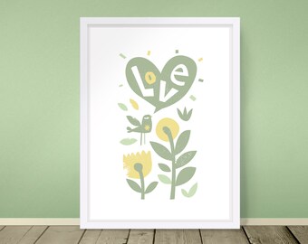 Salbei grün dänische Pastell Dekor, gelbe norwegische Wohnung Volkskunst, nordischer Druck, trendige süße neutrale Wandkunst, Liebe digitaler Download