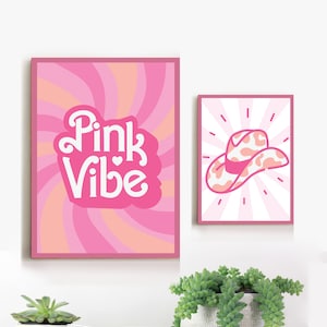 Set of two Hot pink decor posters, College room digital wall art, 90&#39;s nostalgia pink core apartment art, Pink vibe and cowboy hat print