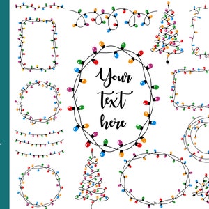 Puede incluir: Una colección de ilustraciones de luces navideñas coloridas en varias formas, incluyendo rectángulos, círculos y un árbol de Navidad. La imagen también incluye el texto "Your text here" y opciones de tipo de archivo: JPG, SVG, PNG, PDF y EPS.