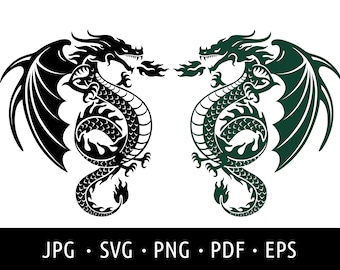 Jahr des Drachen SVG, neues Mondjahr 2024 mystisch, ästhetische gotische Fantasiekunst, Tattoo Vektorgrafik, chinesischer Drache SVG, Drache