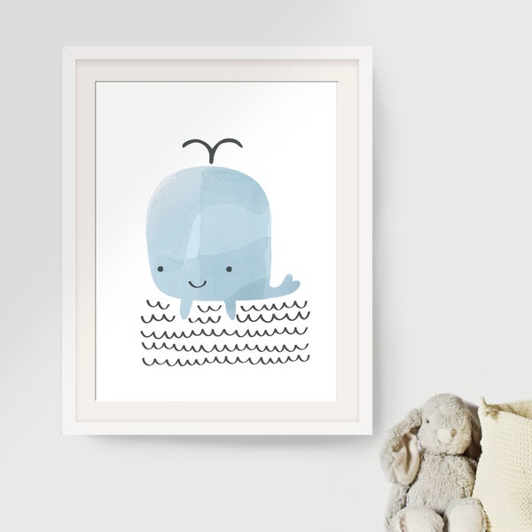 Whale nursery, blue whale, printable wall art, digital file, ocean nursery decor, Nursery Wall Art, Watercolor nursery decor, Underwater