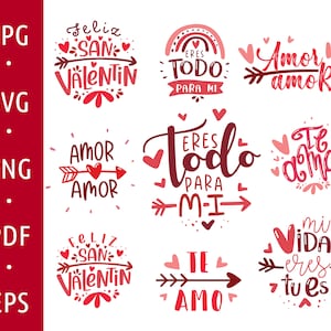 Pacote espanhol San Valentin svg, Amor PNG em espanhol, te Amo print, pacote de SVG em espanhol, cartão de dia dos namorados imprimível, camisa do dia dos namorados svg