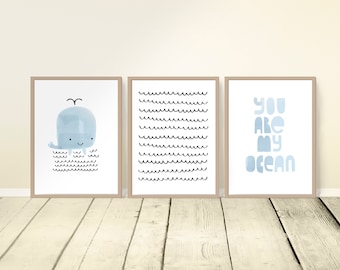 3-teilige Wandkunst, Blauwal Kinderzimmer Aquarell druckbare Wandkunst, Ozean Kinderzimmer Dekoration, Maritimes Thema Dekor