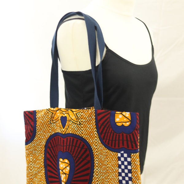 multi-coloured reusable African wax tote bag, Ankara fabric medium tote bag, heart print shopping bag, Cotton library book bag