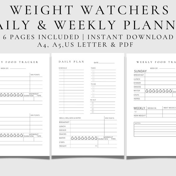 Weight Watchers afdrukbaar, dieet dagelijkse planner, wekelijkse planner, digitaal dagboek, Weight Watchers A4, A5, US Letter, digitale download,