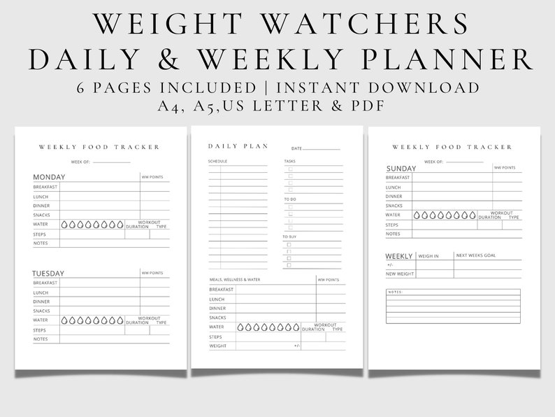 Weight Watchers Printable, Diet Daily Planner, Weekly Planner, Digital ...