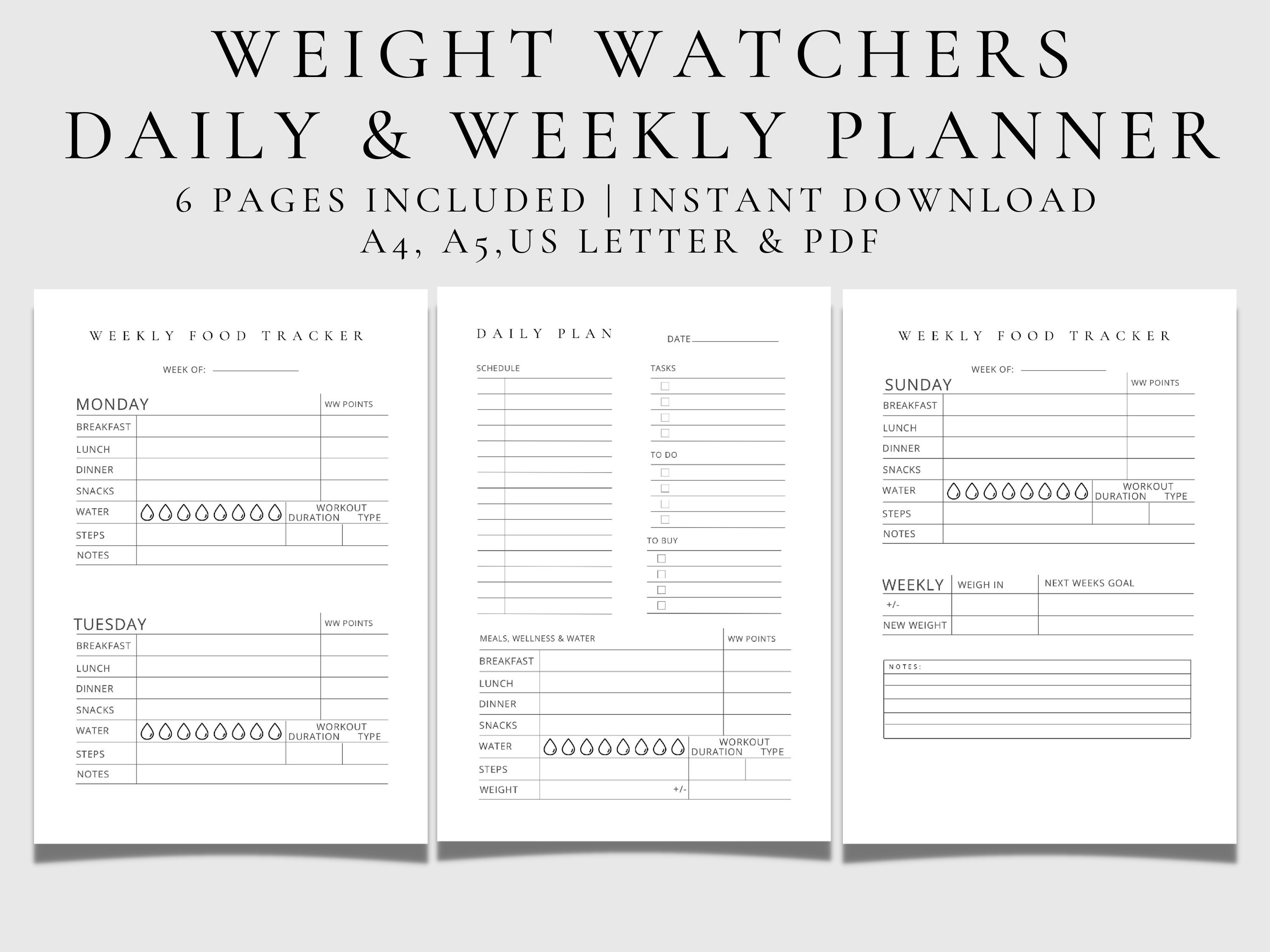 Weight Watchers Printable, Diet Daily Planner, Weekly Planner, Digital