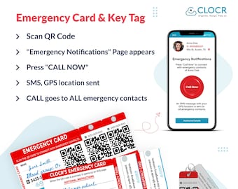Emergency Card and Key Tag, Emergency ID wallet card, In Case of Emergency card, Emergency Contacts, GPS Alerts