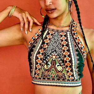 Boho crop top, backless top, halter top, bohemian top, embroidered crop top  with open back, cute crop top, festival wear, tribal clothing
