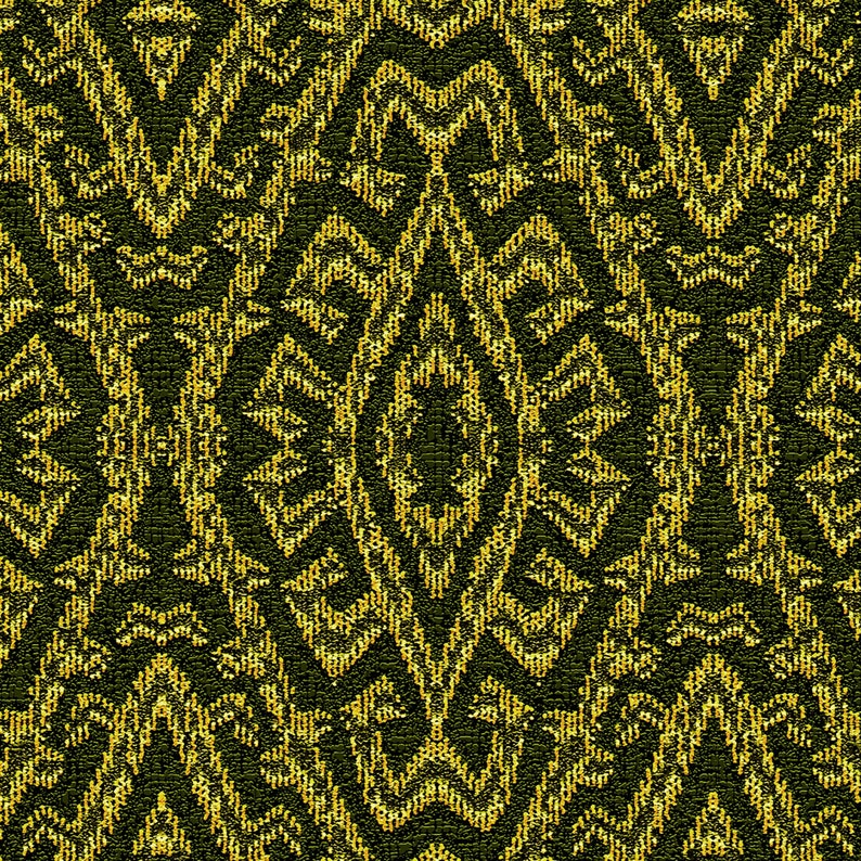 May include: A textile fabric featuring a repeating geometric pattern in dark forest green and vibrant golden yellow. The design consists of intricate, symmetrical diamond and angular shapes woven into the surface, creating a textured appearance.