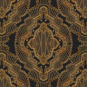 May include: A repeating pattern featuring intricate gold line work on a solid black background. The design consists of symmetrical geometric shapes, including sharp zigzags, radiating fan-like segments, and central diamond-like motifs.