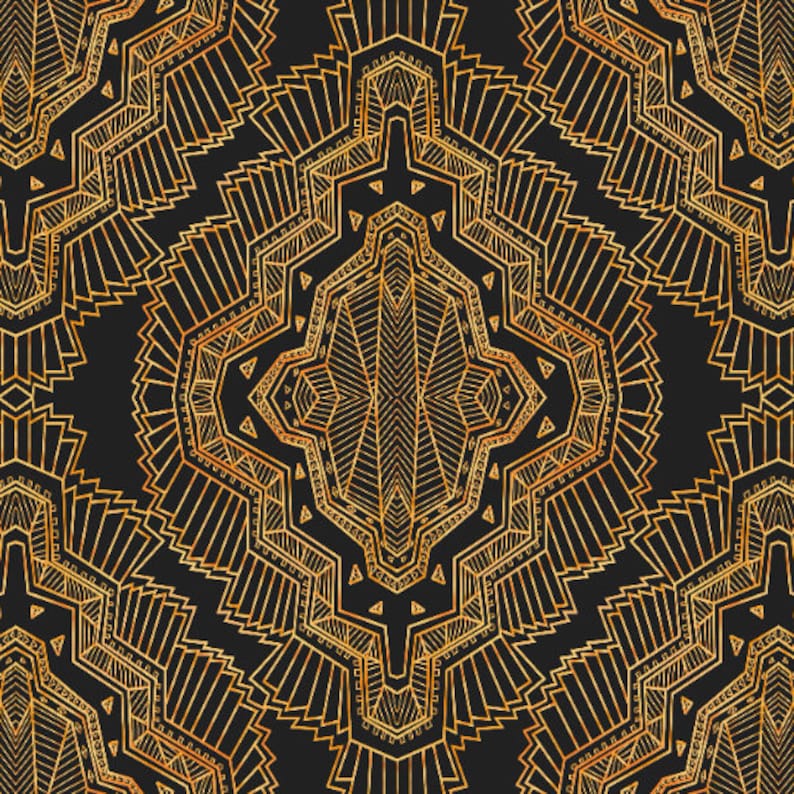 May include: A repeating pattern featuring intricate gold line work on a solid black background. The design consists of symmetrical geometric shapes, including sharp zigzags, radiating fan-like segments, and central diamond-like motifs.