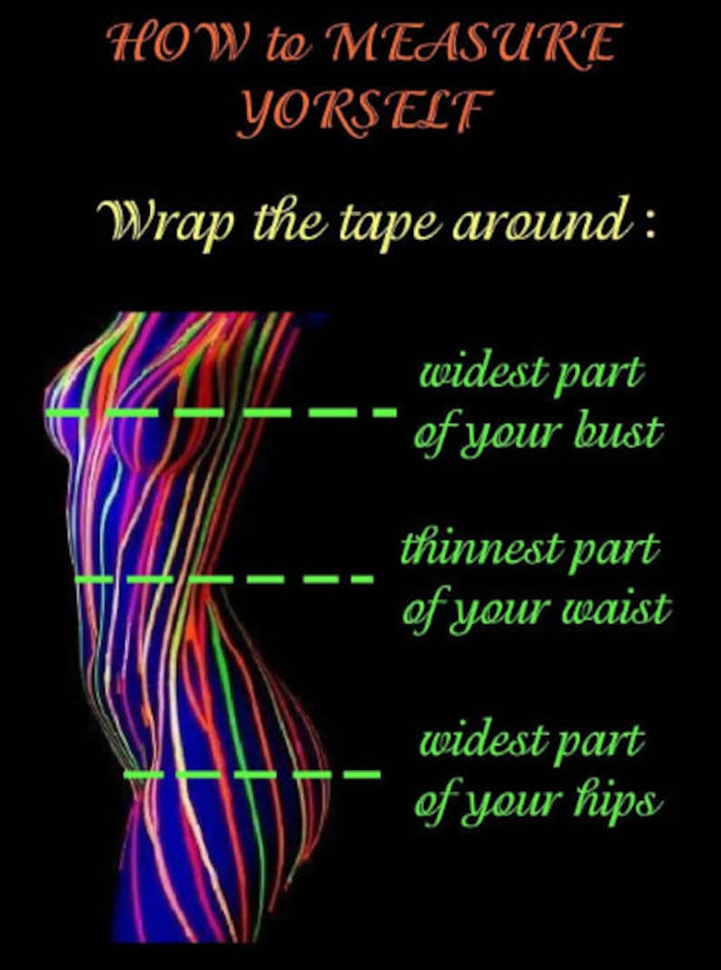 May include: An instructional graphic on a black background with the text HOW TO MEASURE YORSELF and Wrap the tape around. It features a side-profile silhouette of a torso covered in vertical neon lines, with dashed lines indicating the bust, waist, and hips.