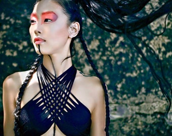 Bralette, black bikini top, halter top, rave top, cyberpunk clothing, rave bra, black halter top, strappy bra, black bra top, sexy top