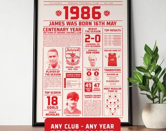 1986 Personalised Football Fact Print – Any Year, Any Club –  Football Birthday Gift, Football print, 40th birthday Gifts, Football Fan Gift