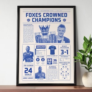 Leicester City 2016 League Champions Poster | Leicester City Gift for dad, Leicester Wall Art, Soccer, Leicester Birthday Gift